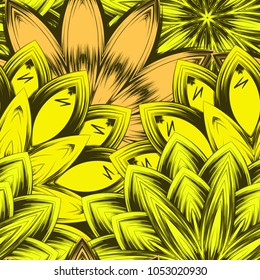 Seamless floral background. Tracery handmade nature ethnic fabric backdrop pattern with flowers. Textile design texture. Decorative color art. Vector