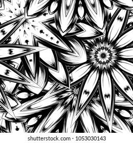 Seamless floral background. Tracery handmade nature ethnic fabric backdrop pattern with saturated dark flowers. Textile design texture. Decorative binary monochrome black and white art. Vector