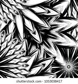 Seamless floral background. Tracery handmade nature ethnic fabric backdrop pattern with saturated dark flowers. Textile design texture. Decorative binary monochrome black and white art. Vector
