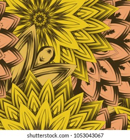 Seamless floral background. Tracery handmade nature ethnic fabric backdrop pattern with flowers. Textile design texture. Decorative color art. Vector