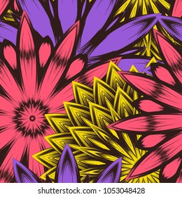 Seamless floral background. Tracery handmade nature ethnic fabric backdrop pattern with flowers. Textile design texture. Decorative color art. Vector