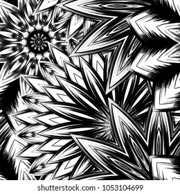 Seamless floral background. Tracery handmade nature ethnic fabric backdrop pattern with saturated dark flowers. Textile design texture. Decorative binary monochrome black and white art. Vector