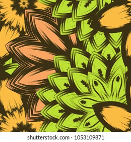 Seamless floral background. Tracery handmade nature ethnic fabric backdrop pattern with flowers. Textile design texture. Decorative color art. Vector
