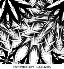 Seamless floral background. Tracery handmade nature ethnic fabric backdrop pattern with saturated dark flowers. Textile design texture. Decorative binary monochrome black and white art. Vector