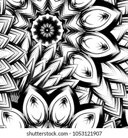 Seamless floral background. Tracery handmade nature ethnic fabric backdrop pattern with saturated dark flowers. Textile design texture. Decorative binary monochrome black and white art. Vector