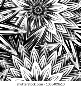 Seamless floral background. Tracery handmade nature ethnic fabric backdrop pattern with saturated dark flowers. Textile design texture. Decorative binary monochrome black and white art. Vector