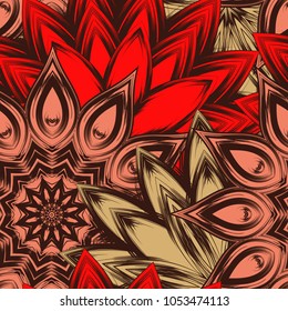 Seamless floral background. Tracery handmade nature ethnic fabric backdrop pattern with flowers. Textile design texture. Decorative color art. Vector