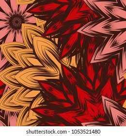 Seamless floral background. Tracery handmade nature ethnic fabric backdrop pattern with flowers. Textile design texture. Decorative color art. Vector