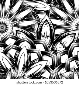 Seamless floral background. Tracery handmade nature ethnic fabric backdrop pattern with saturated dark flowers. Textile design texture. Decorative binary monochrome black and white art. Vector