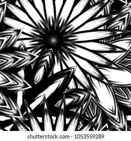 Seamless floral background. Tracery handmade nature ethnic fabric backdrop pattern with saturated dark flowers. Textile design texture. Decorative binary monochrome black and white art. Vector