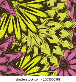 Seamless floral background. Tracery handmade nature ethnic fabric backdrop pattern with flowers. Textile design texture. Decorative color art. Vector