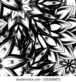 Seamless floral background. Tracery handmade nature ethnic fabric backdrop pattern with saturated dark flowers. Textile design texture. Decorative binary monochrome black and white art. Vector