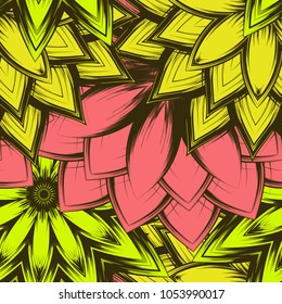 Seamless floral background. Tracery handmade nature ethnic fabric backdrop pattern with flowers. Textile design texture. Decorative color art. Vector