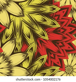 Seamless floral background. Tracery handmade nature ethnic fabric backdrop pattern with flowers. Textile design texture. Decorative color art. Vector