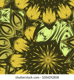 Seamless floral background. Tracery handmade nature ethnic fabric backdrop pattern with flowers. Textile design texture. Decorative color art. Vector