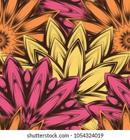 Seamless floral background. Tracery handmade nature ethnic fabric backdrop pattern with flowers. Textile design texture. Decorative color art. Vector
