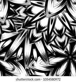 Seamless floral background. Tracery handmade nature ethnic fabric backdrop pattern with saturated dark flowers. Textile design texture. Decorative binary monochrome black and white art. Vector