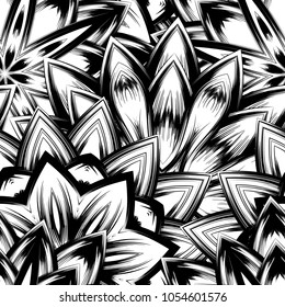 Seamless floral background. Tracery handmade nature ethnic fabric backdrop pattern with saturated dark flowers. Textile design texture. Decorative binary monochrome black and white art. Vector
