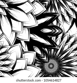 Seamless floral background. Tracery handmade nature ethnic fabric backdrop pattern with saturated dark flowers. Textile design texture. Decorative binary monochrome black and white art. Vector