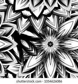 Seamless floral background. Tracery handmade nature ethnic fabric backdrop pattern with saturated dark flowers. Textile design texture. Decorative binary monochrome black and white art. Vector