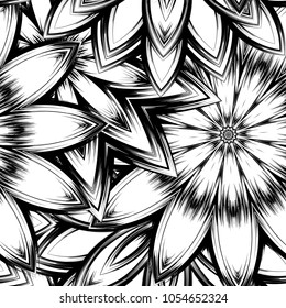 Seamless floral background. Tracery handmade nature ethnic fabric backdrop pattern with saturated dark flowers. Textile design texture. Decorative binary monochrome black and white art. Vector