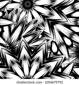 Seamless floral background. Tracery handmade nature ethnic fabric backdrop pattern with saturated dark flowers. Textile design texture. Decorative binary monochrome black and white art. Vector