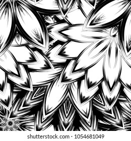 Seamless floral background. Tracery handmade nature ethnic fabric backdrop pattern with saturated dark flowers. Textile design texture. Decorative binary monochrome black and white art. Vector