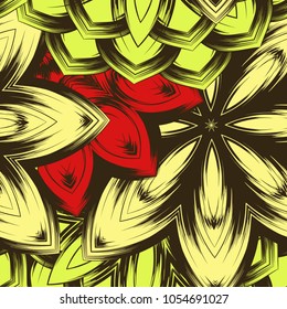 Seamless floral background. Tracery handmade nature ethnic fabric backdrop pattern with flowers. Textile design texture. Decorative color art. Vector
