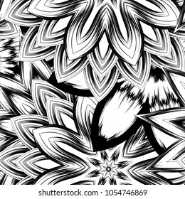 Seamless floral background. Tracery handmade nature ethnic fabric backdrop pattern with saturated dark flowers. Textile design texture. Decorative binary monochrome black and white art. Vector