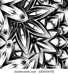 Seamless floral background. Tracery handmade nature ethnic fabric backdrop pattern with saturated dark flowers. Textile design texture. Decorative binary monochrome black and white art. Vector