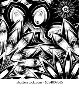 Seamless floral background. Tracery handmade nature ethnic fabric backdrop pattern with saturated dark flowers. Textile design texture. Decorative binary monochrome black and white art. Vector