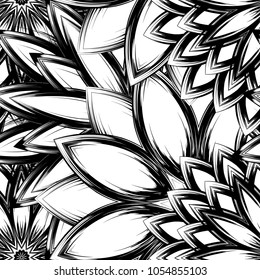 Seamless floral background. Tracery handmade nature ethnic fabric backdrop pattern with saturated dark flowers. Textile design texture. Decorative binary monochrome black and white art. Vector