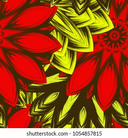 Seamless floral background. Tracery handmade nature ethnic fabric backdrop pattern with flowers. Textile design texture. Decorative color art. Vector