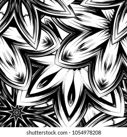 Seamless floral background. Tracery handmade nature ethnic fabric backdrop pattern with saturated dark flowers. Textile design texture. Decorative binary monochrome black and white art. Vector