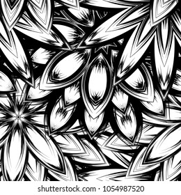 Seamless floral background. Tracery handmade nature ethnic fabric backdrop pattern with saturated dark flowers. Textile design texture. Decorative binary monochrome black and white art. Vector
