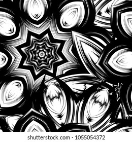 Seamless floral background. Tracery handmade nature ethnic fabric backdrop pattern with saturated dark flowers. Textile design texture. Decorative binary monochrome black and white art. Vector