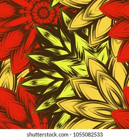 Seamless floral background. Tracery handmade nature ethnic fabric backdrop pattern with flowers. Textile design texture. Decorative color art. Vector