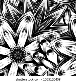 Seamless floral background. Tracery handmade nature ethnic fabric backdrop pattern with saturated dark flowers. Textile design texture. Decorative binary monochrome black and white art. Vector