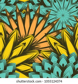 Seamless floral background. Tracery handmade nature ethnic fabric backdrop pattern with flowers. Textile design texture. Decorative color art. Vector