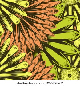 Seamless floral background. Tracery handmade nature ethnic fabric backdrop pattern with flowers. Textile design texture. Decorative color art. Vector