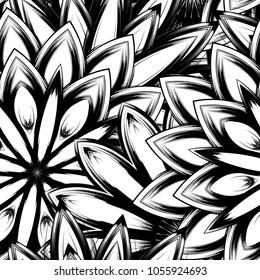 Seamless floral background. Tracery handmade nature ethnic fabric backdrop pattern with saturated dark flowers. Textile design texture. Decorative binary monochrome black and white art. Vector