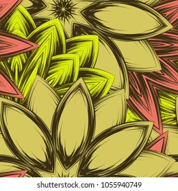 Seamless floral background. Tracery handmade nature ethnic fabric backdrop pattern with flowers. Textile design texture. Decorative color art. Vector