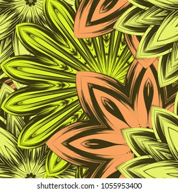 Seamless floral background. Tracery handmade nature ethnic fabric backdrop pattern with flowers. Textile design texture. Decorative color art. Vector