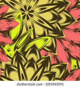 Seamless floral background. Tracery handmade nature ethnic fabric backdrop pattern with flowers. Textile design texture. Decorative color art. Vector