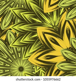 Seamless floral background. Tracery handmade nature ethnic fabric backdrop pattern with flowers. Textile design texture. Decorative color art. Vector