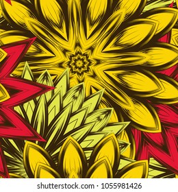 Seamless floral background. Tracery handmade nature ethnic fabric backdrop pattern with flowers. Textile design texture. Decorative color art. Vector