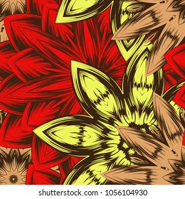 Seamless floral background. Tracery handmade nature ethnic fabric backdrop pattern with flowers. Textile design texture. Decorative color art. Vector