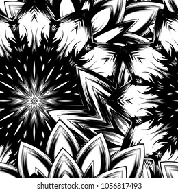 Seamless floral background. Tracery handmade nature ethnic fabric backdrop pattern with saturated dark flowers. Textile design texture. Decorative binary monochrome black and white art. Vector