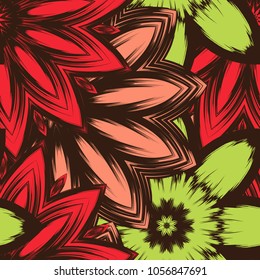 Seamless floral background. Tracery handmade nature ethnic fabric backdrop pattern with flowers. Textile design texture. Decorative color art. Vector