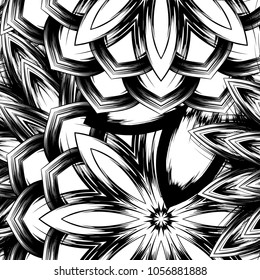 Seamless floral background. Tracery handmade nature ethnic fabric backdrop pattern with saturated dark flowers. Textile design texture. Decorative binary monochrome black and white art. Vector